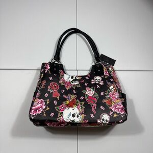 Ed Hardy Black and Pink Skull Floral Shoulder Bag
